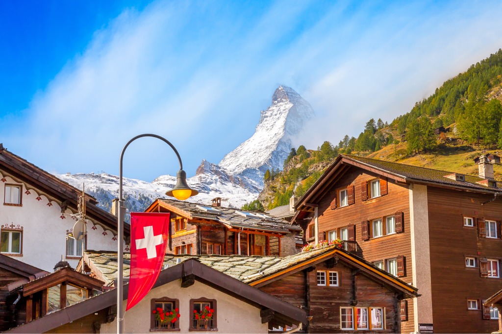View of a charming Swiss village, an inspiring place for remote work and slow travel.
